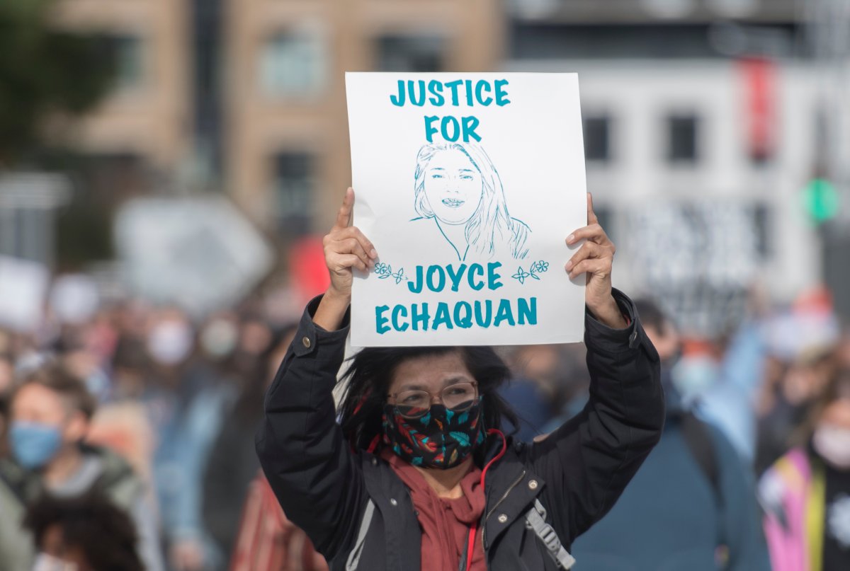 People take part in a protest called ‘Justice for Joyce’ in Montreal, Saturday, October 3, 2020, where they demanded Justice for Joyce Echaquan and an end to all systemic racism.