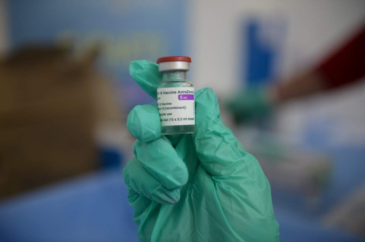 A vial of the AstraZeneca COVID-19 vaccine.