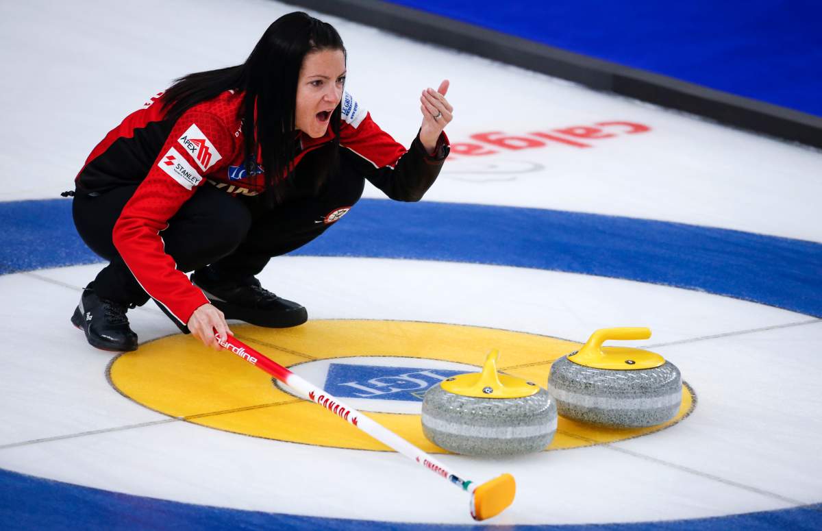 Team Canada skip Kerri Einarson directs her teammates against South Korea at the Women's World Curling Championship in Calgary, Alta., Monday, May 3, 2021.