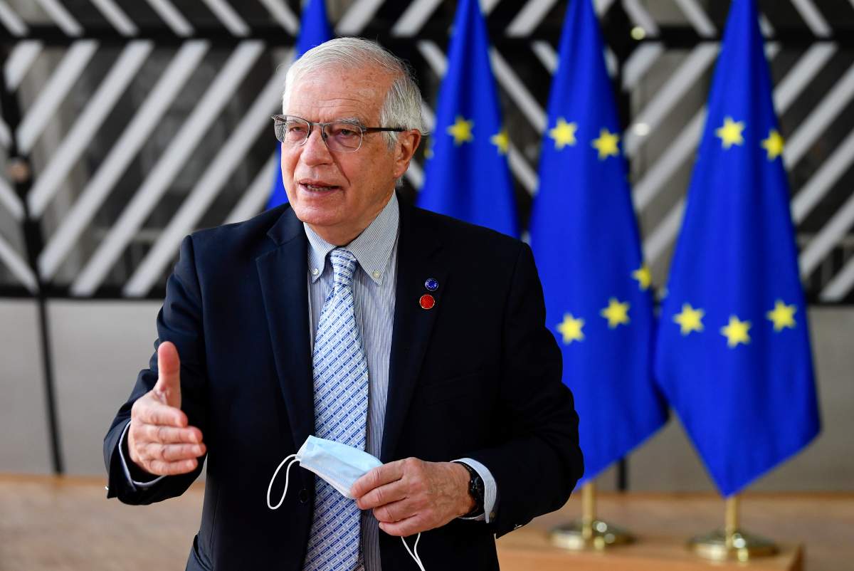 European Union foreign policy chief Josep Borrell makes a statement as he arrives for a meeting of EU defense ministers at the European Council building in Brussels, Thursday, May 6, 2021. 