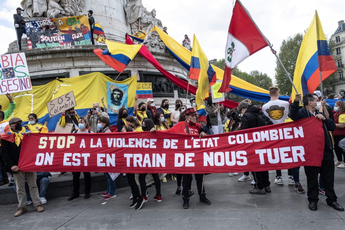 Colombian people demonstrate Place de la Republique in Paris, France on May 8, 2021 against the bloody repression in Colombia.
