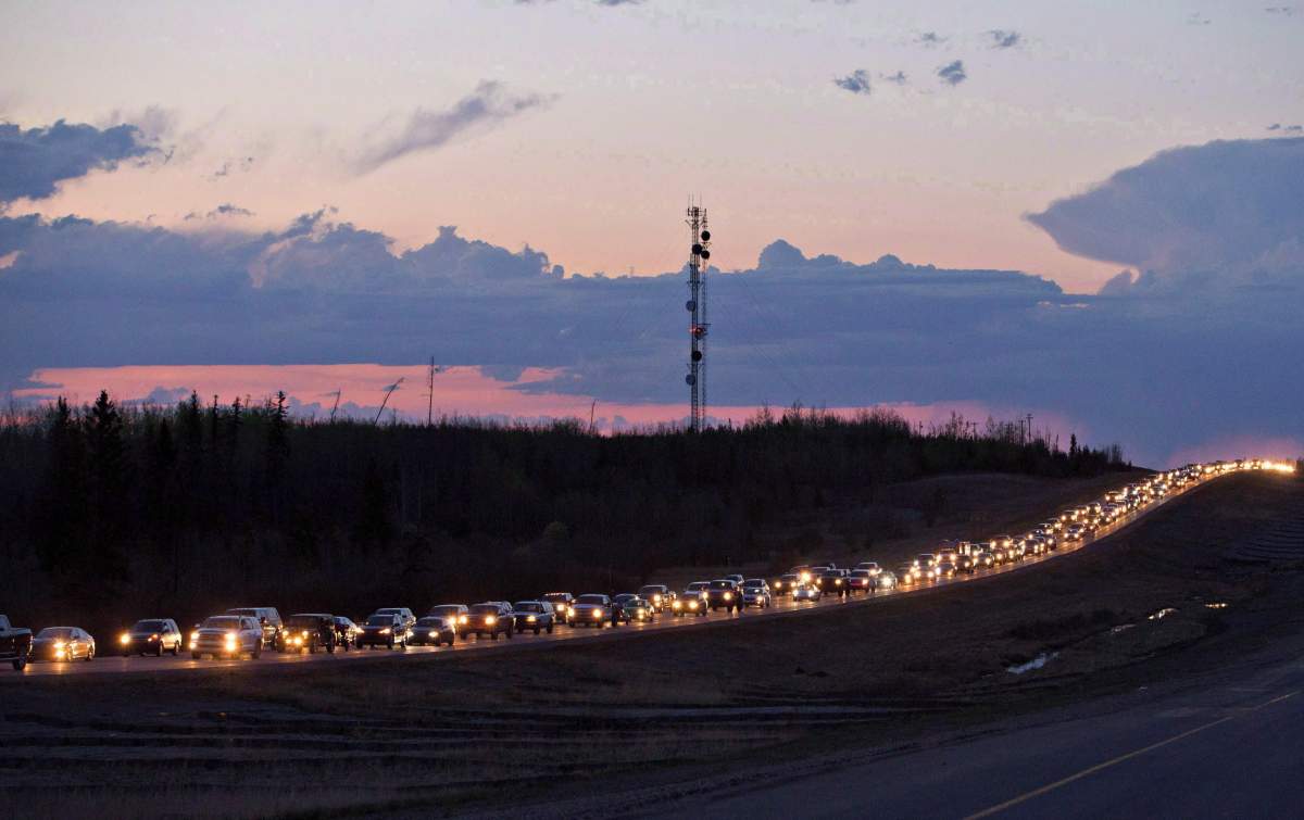 Traffic lines the highway as residents leave Fort McMurray Alta, on Tuesday May 3, 2016.