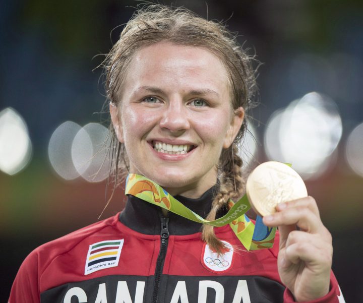 Canada’s Erica Wiebe, from Stittsville, Ont., displays her gold medal at the 2016 Summer Olympics in Rio de Janeiro, Brazil.