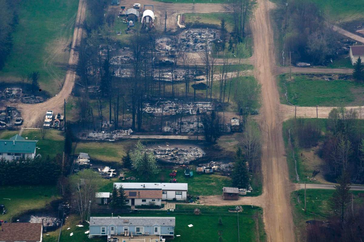 Fire damage is seen from the air during a helicopter tour of the devastation in Slave Lake, Alberta on Friday May 20, 2011.
