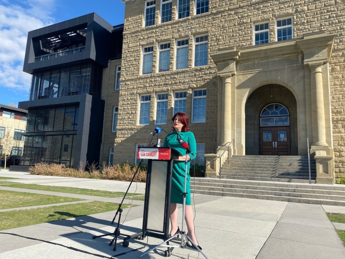 Calgary mayor-hopeful Jan Damery announces her campaign in front of cSpace King Edward on May 4, 2021.