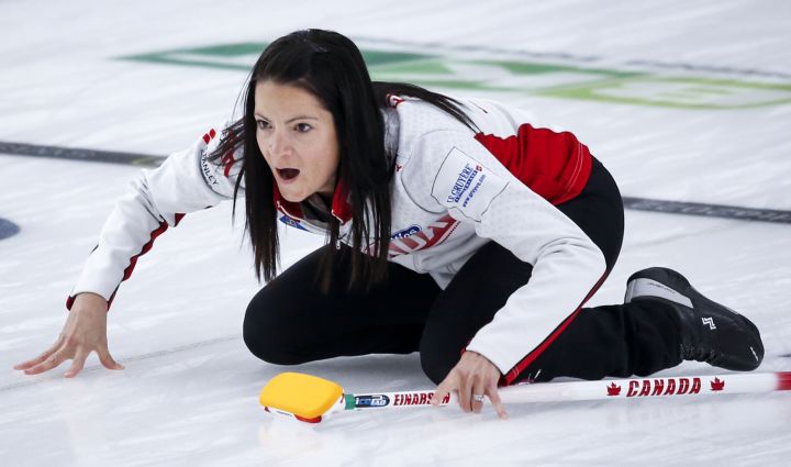 Team Canada skip Kerri Einarson directs her teammates against Estonia at the Women's World Curling Championship in Calgary, Alta., Wednesday, May 5, 2021.