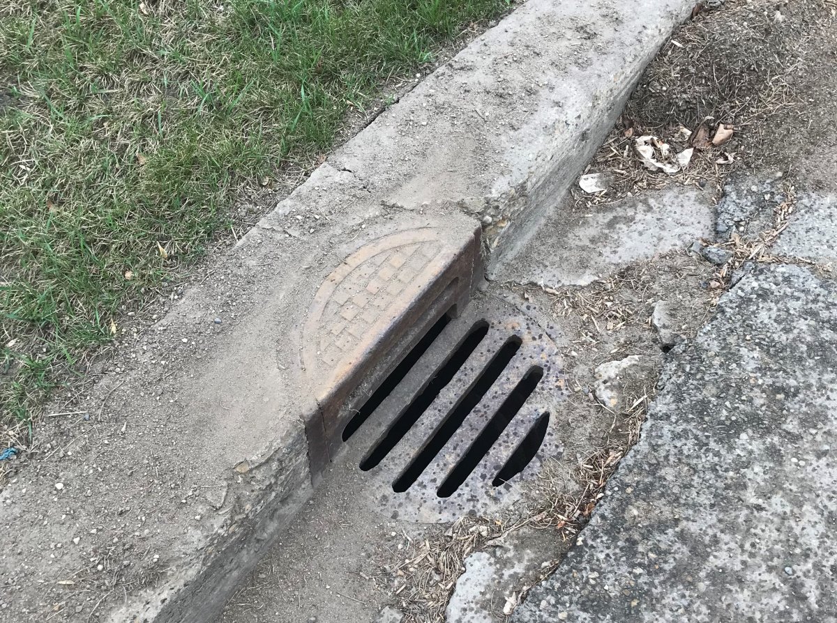 An intact catch basin cover. 
