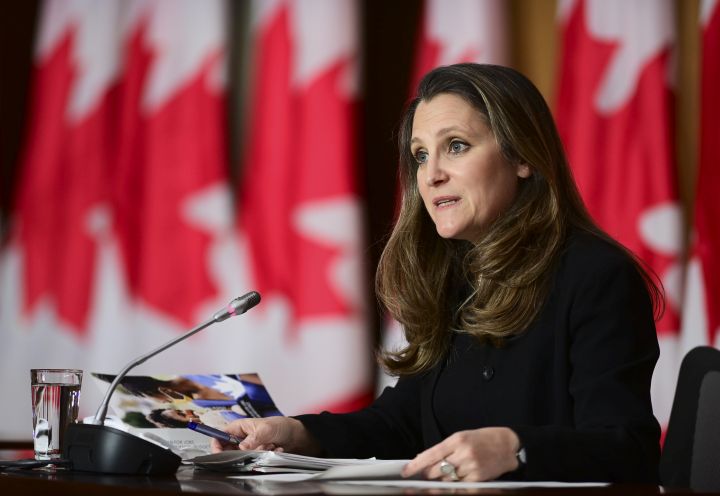 Finance Minister Chrystia Freeland holds a press conference in Ottawa on Tuesday, April 20, 2021. 