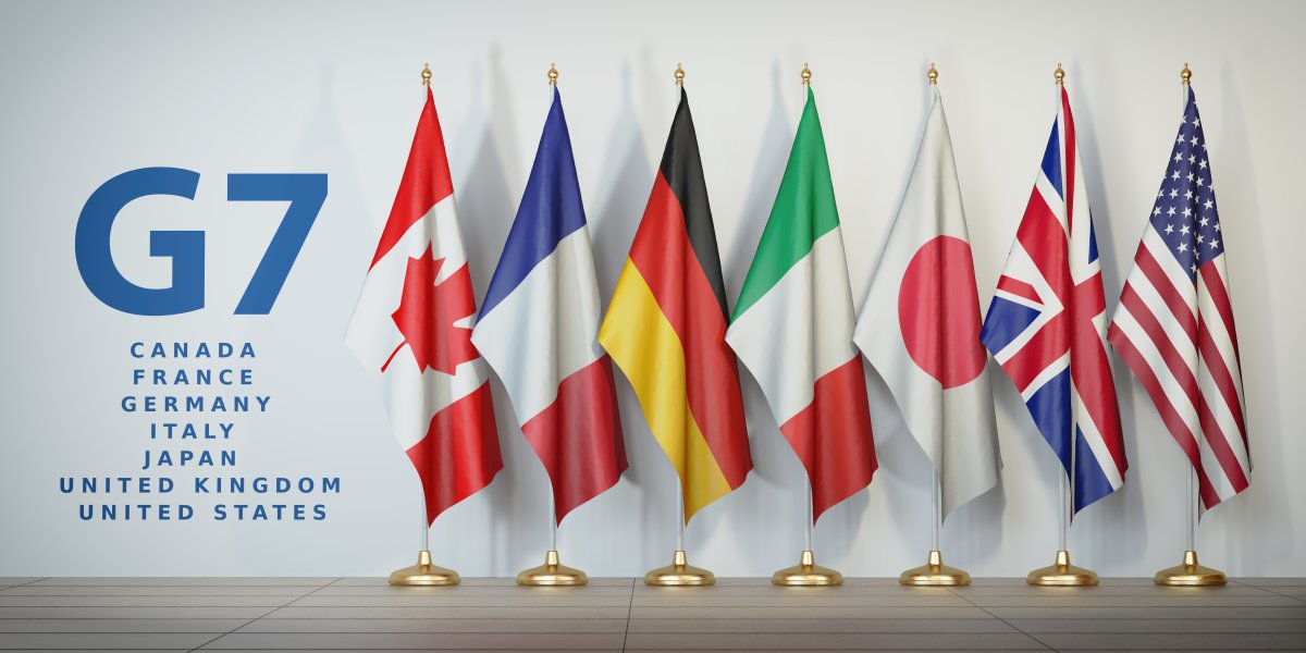 G7 summit or meeting concept. Row from flags of members of G7 group of seven and list of countries, 3d illustration.