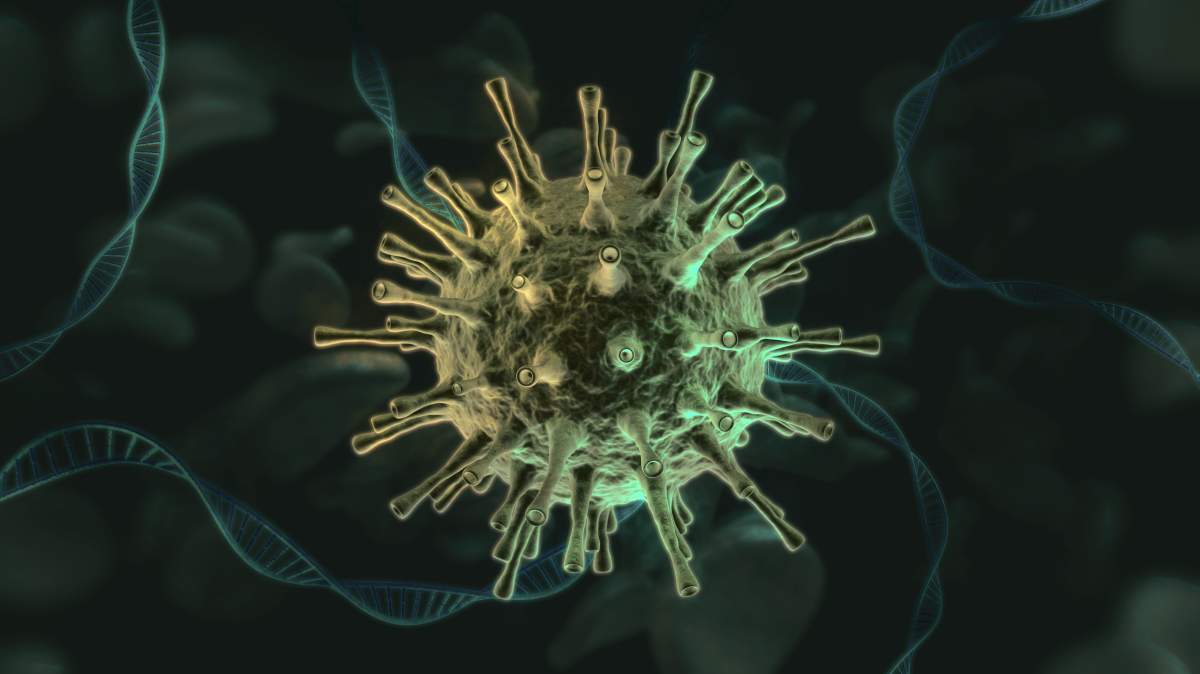 Single Coronavirus cell with DNA strands and white blood cells.