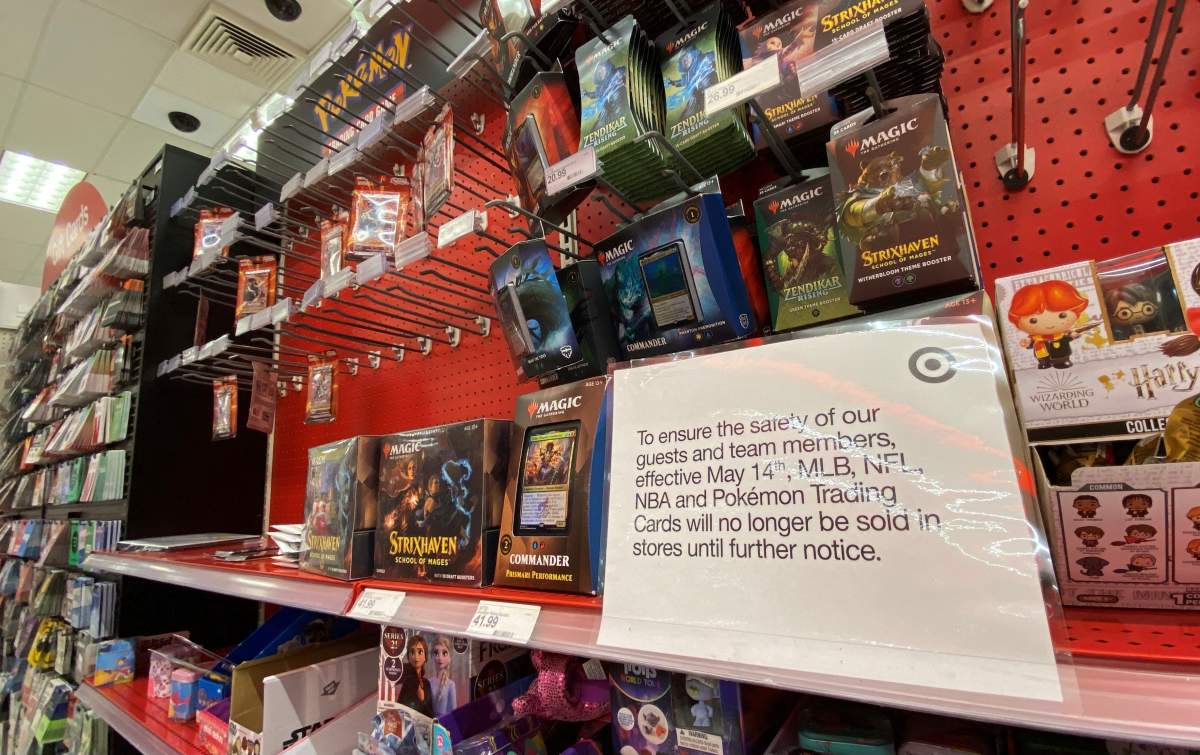 A sign warning customers that Pokemon trading cards will no longer be sold until further notice is displayed at a local Target store in Los Angeles, California on May 14, 2021.