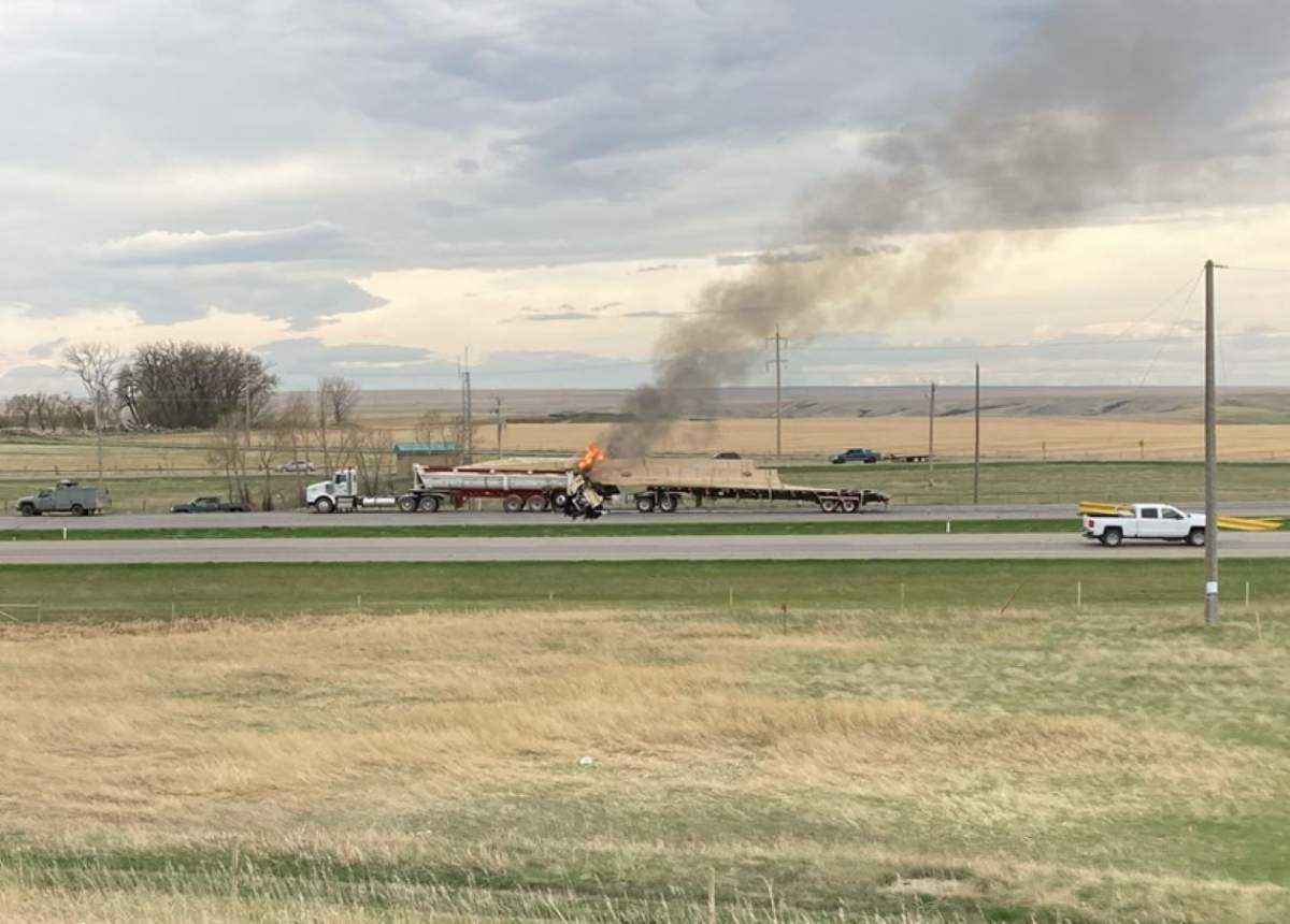 One man is dead after two semis collided on Highway 3 west of Coalhurst, Alta., Friday, May 7, 2021.