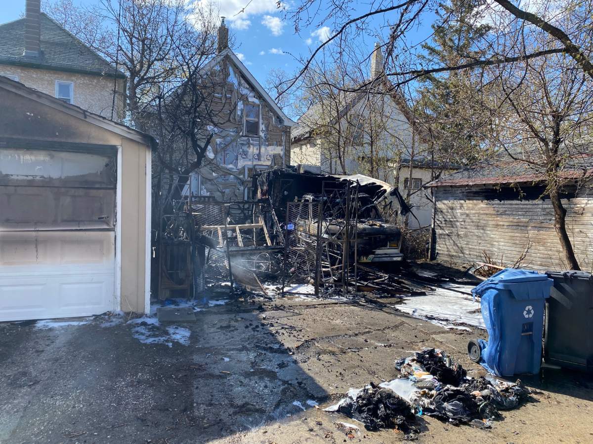 A garage was completely destroyed Friday in an afternoon fire on Home Street in Winnipeg.