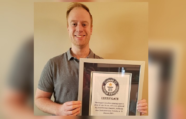 Moose Jaw resident Jared Dormer officially holds a Guinness World Record after playing the Cajon drum for nearly 26 hours straight beginning on Jan. 15. 