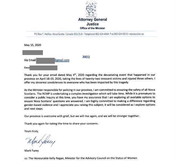 In a letter to a member of the public on May 15, 2020, Justice Minister Mark Furey said it was too early to consider a public inquiry into the mass shooting on April 18 and 19.