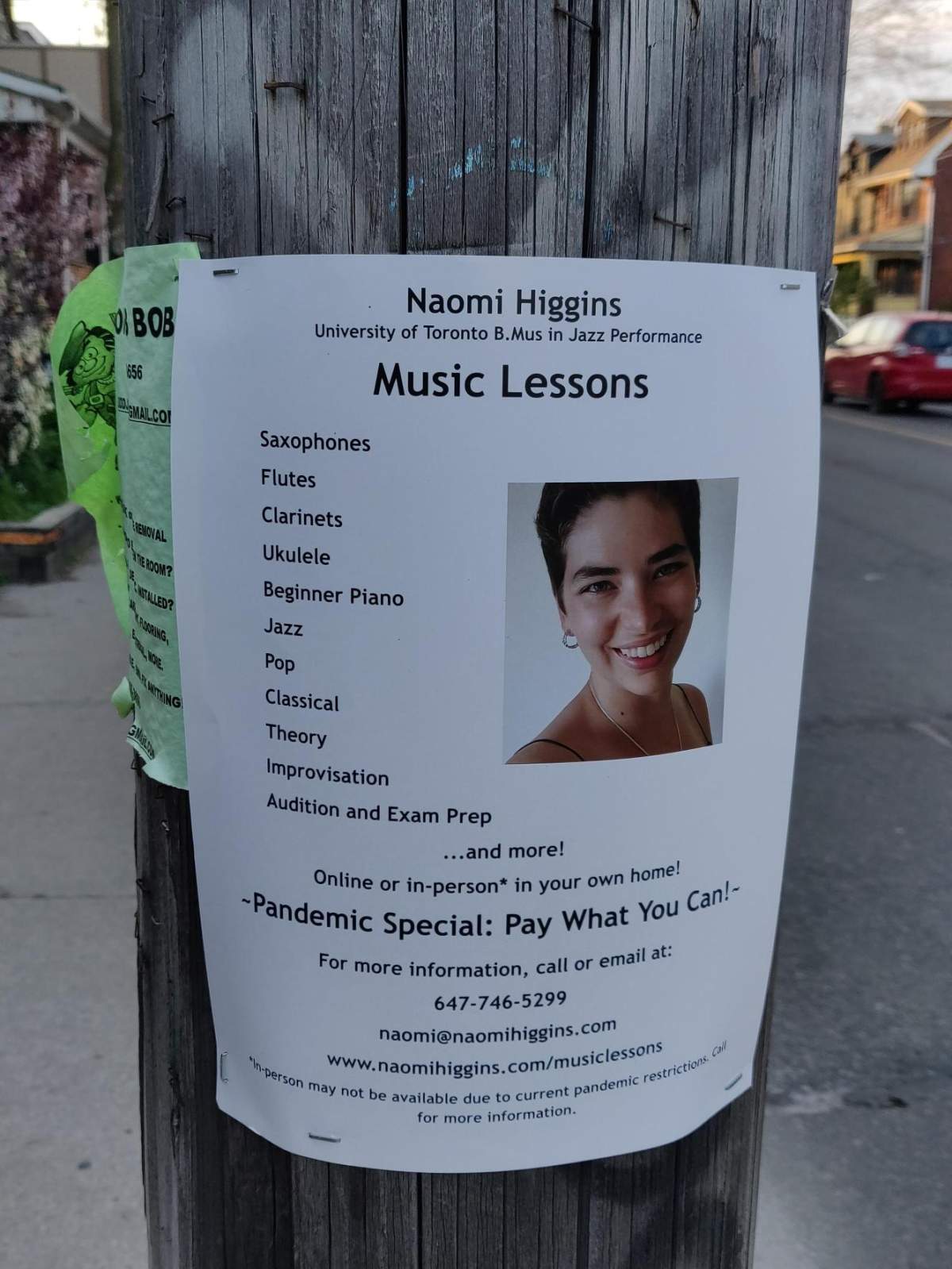 A poster on Ossington Ave., advertising Naomi Higgin’s pandemic special: ‘pay-what-you-can’ music lessons.