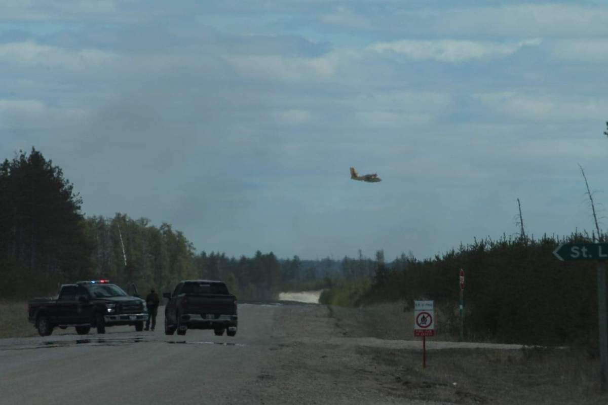 Conservation officers watch as a water bomber attacks a fire in Sandilands Provincial Forest.