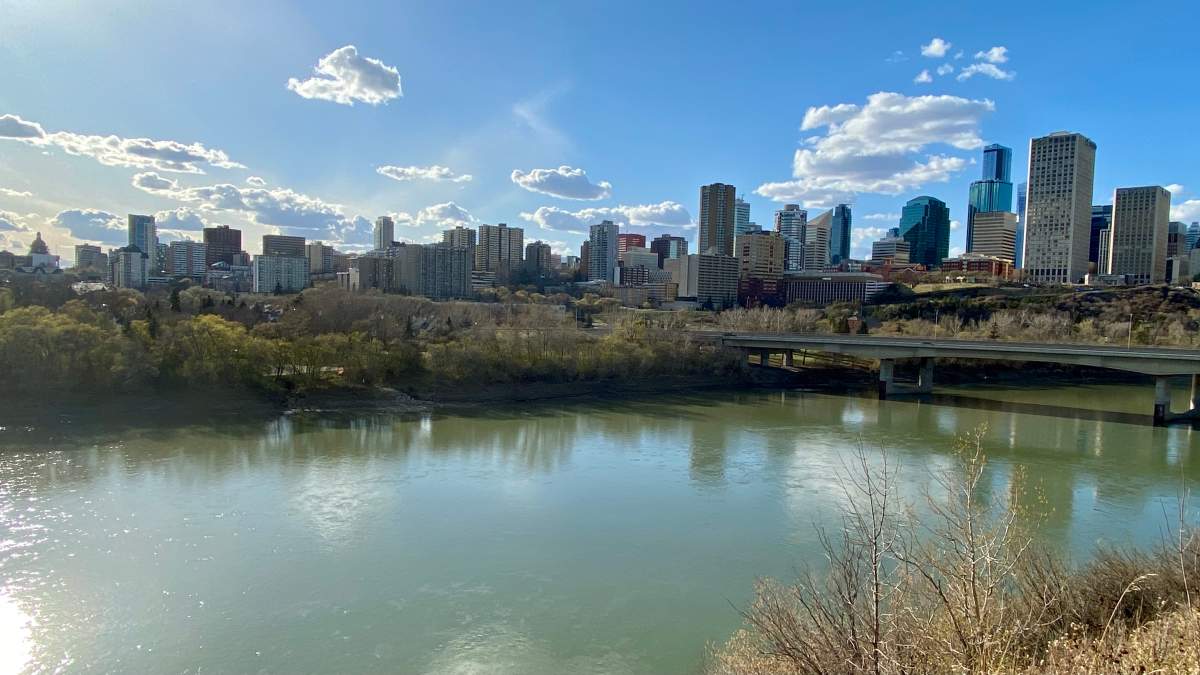 The city of Edmonton as seen from the North Saskatchewan River, on May 5, 2021.