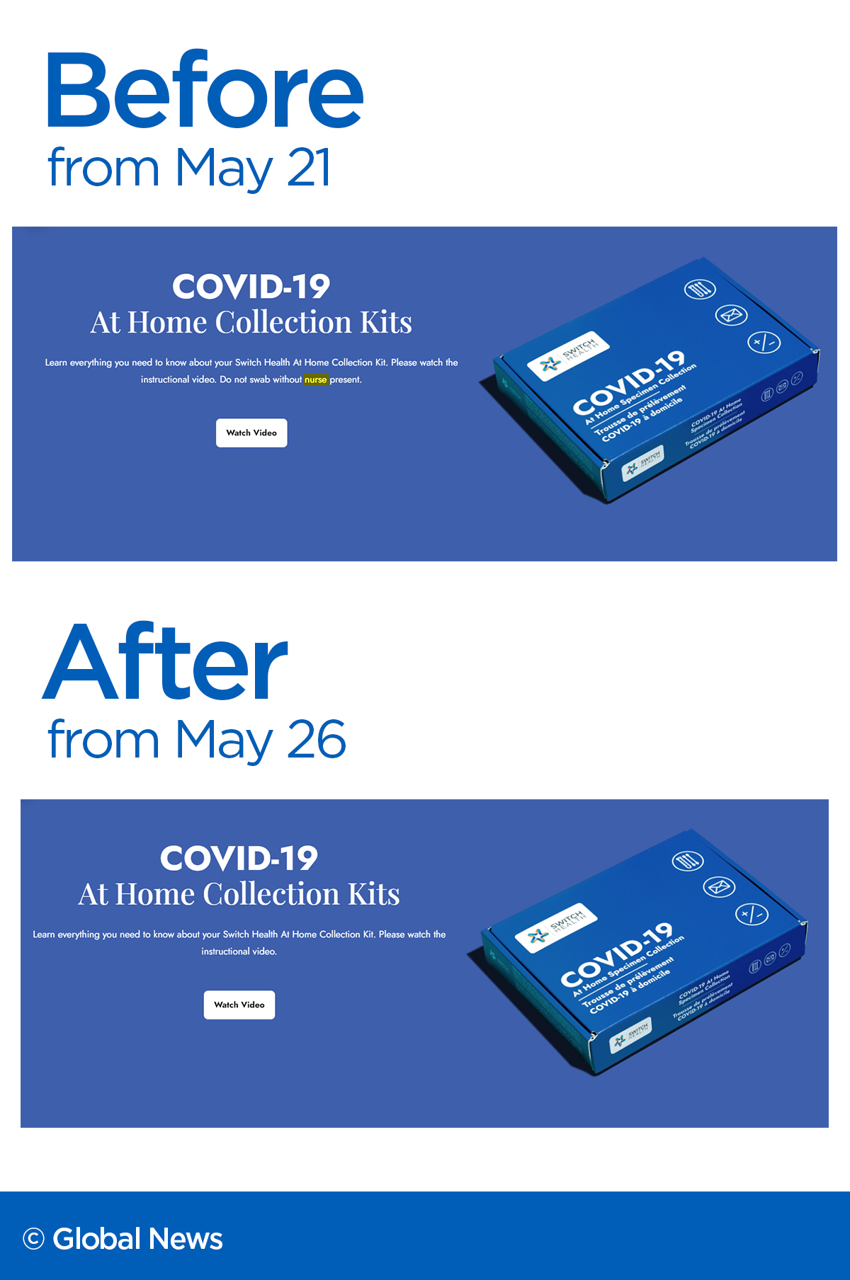 Images taken from Switch Health’s website on May 21 and May 26 show the company has removed references to the term nurse.