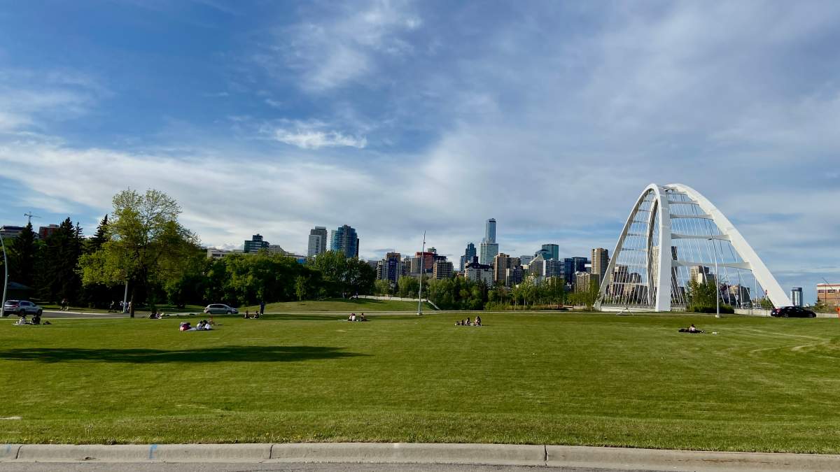 The downtown Edmonton skyline and Walterdale Bridge as seen from Kinsmen Park in Edmonton, Alta. on May 27, 2021.