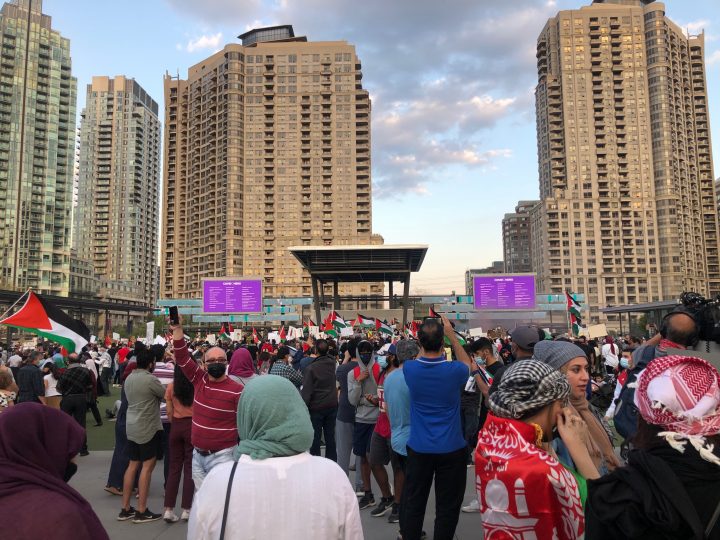Pro-Palestinian demonstrators at Celebration Square in Mississauga on Tuesday.