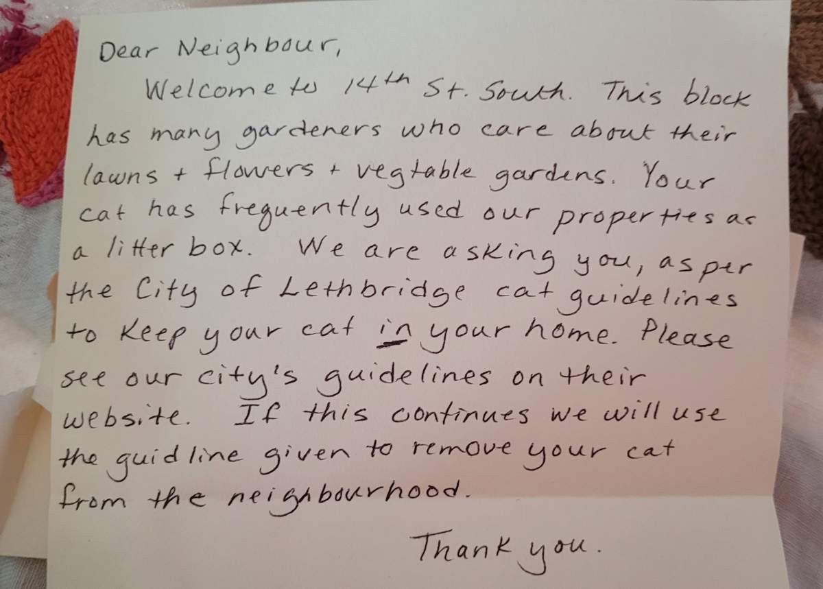 The letter Stephanie May found in her mailbox, complaining about her cat, Neville.