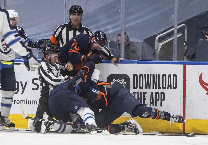 Edmonton Oilers and the Winnipeg Jets players rough it up during second period NHL Stanley Cup playoff action in Edmonton on Friday, May 21, 2021.