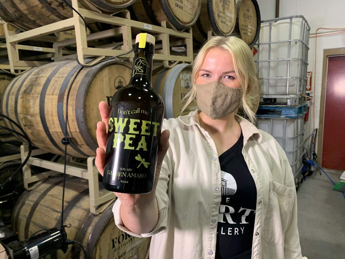 The first bottles of Alberta’s “Don’t call me Sweet Pea” liqueur are nearly ready for distribution, May 26, 2021.