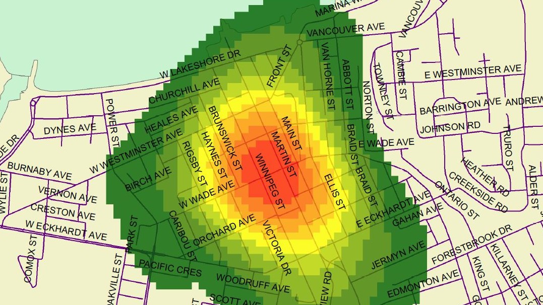 A crime-density map from the City of Penticton. According to the city, the emergency homeless shelter has become the epicentre for property crime in Penticton.