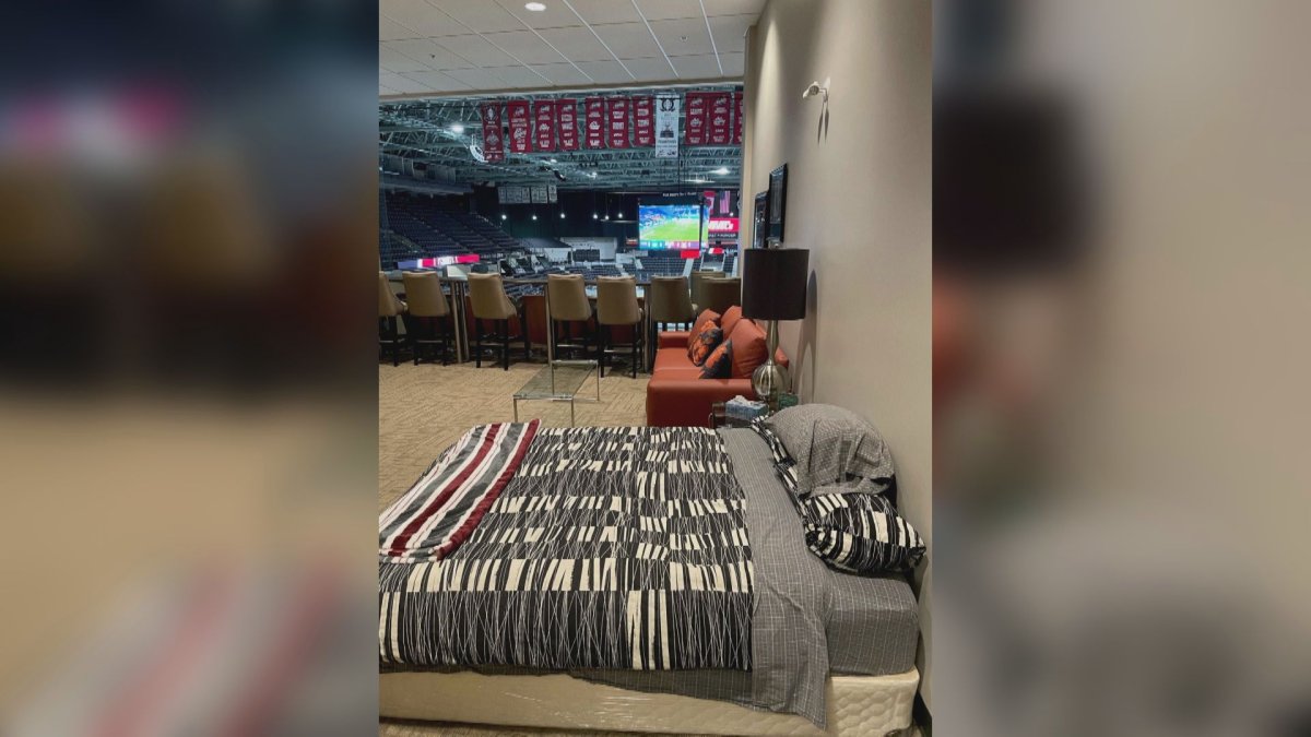 A look inside one of the suites at the hockey rink in Red Deer, Alta. The WHL team has converted the suites into makeshift hotel rooms for their players.