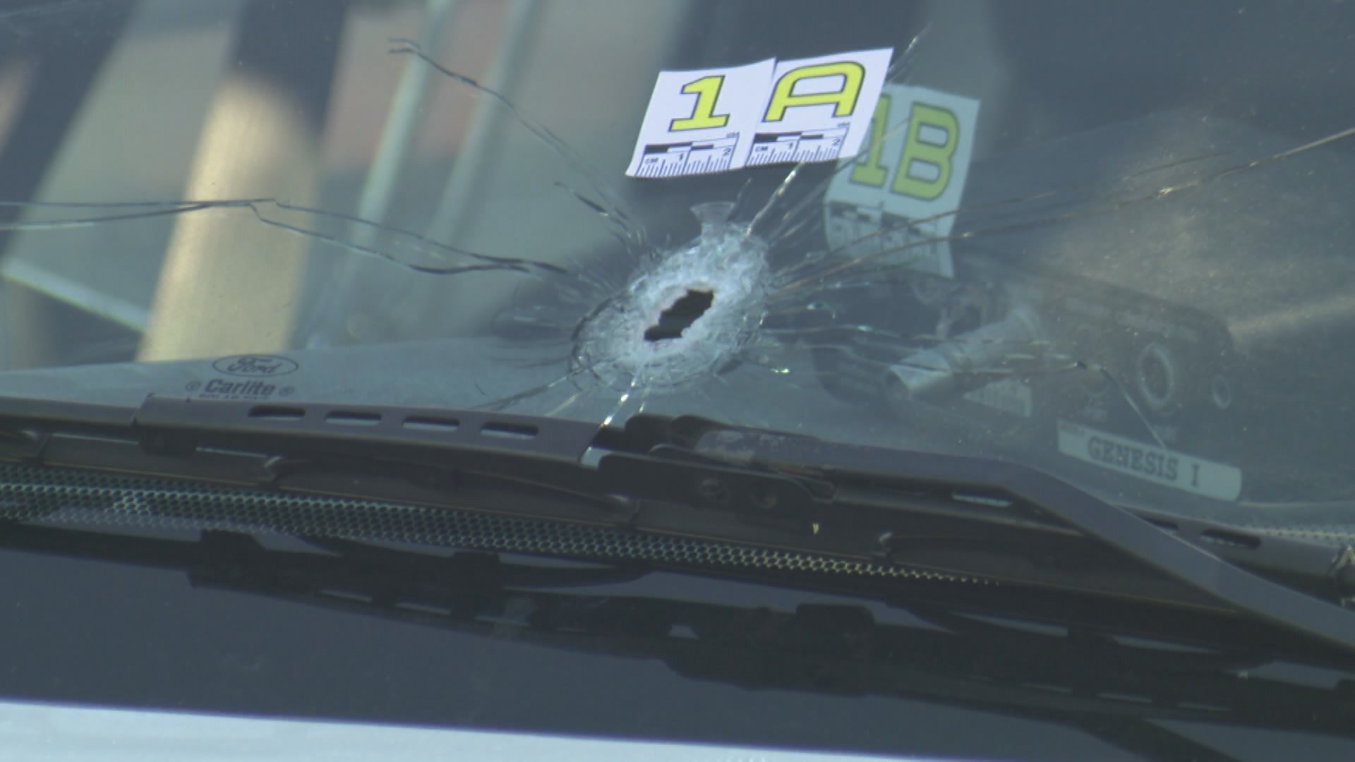 A bullet allegedly fired from the suspect’s vehicle breaks the windshield of a Ricmond RCMP cruiser