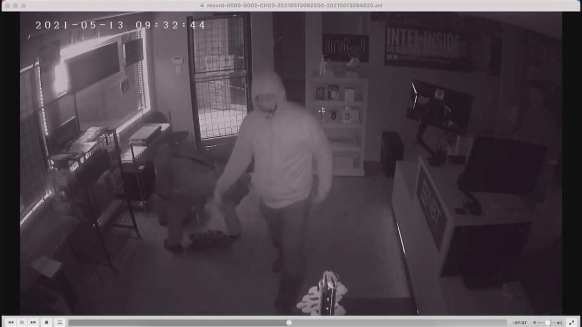 The suspects are seen on surveillance footage stealing numerous items in the front of the store.