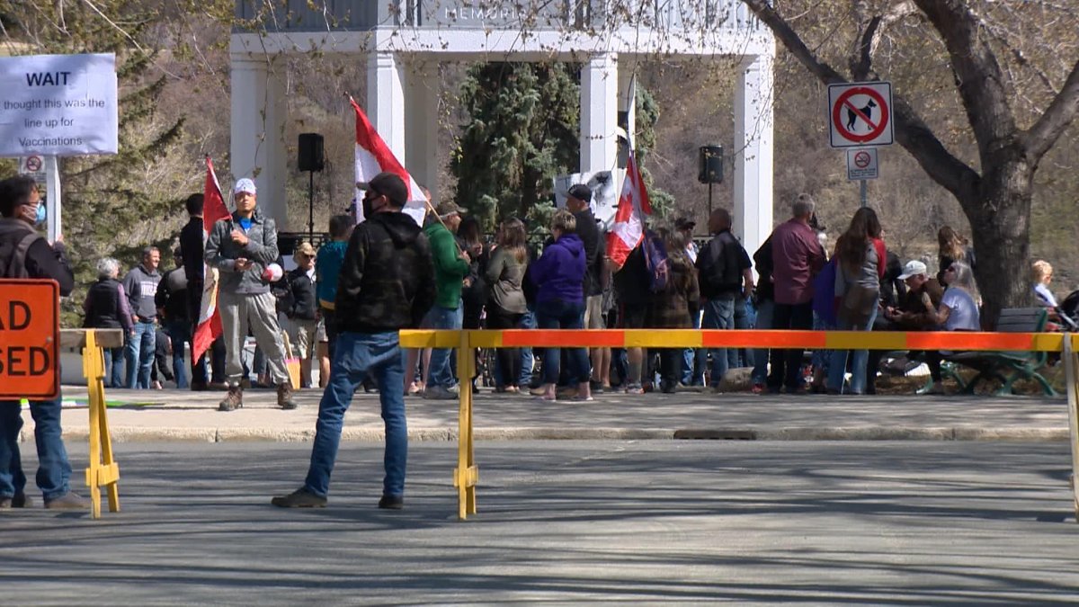 Saskatoon police said 35 of 41 people at a recent ‘freedom rally’ COVID-safety-measures protest in the city on May 9, 2021, have been identified and tickets have been or will be issued.
