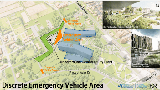 A proposed flow for emergency vehicles accessing the new Civic campus.