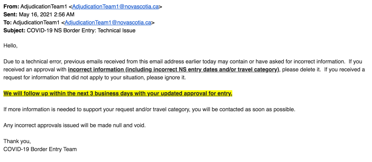This email sent to Nova Scotia rotational worker Ryan Marman informs him that his application process will start from scratch.