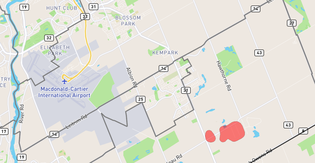 Hydro Ottawa's outage map shows power largely restored to the city's south end before 4 p.m. on Tuesday.