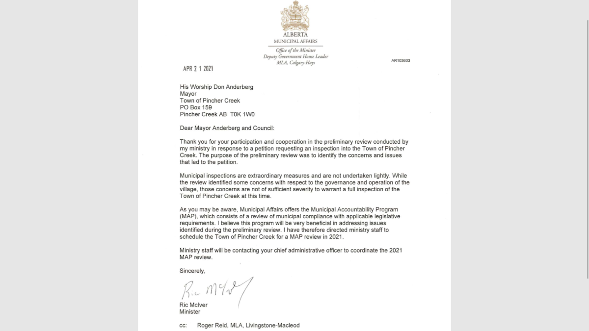 Letter to Pincher Creek