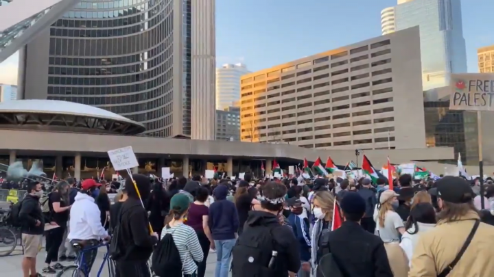 Thousands of people attended a pro-Palestinian rally at Nathan Phillips Square on Saturday.