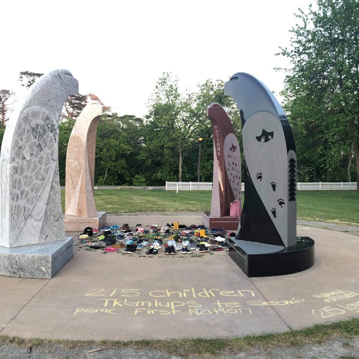 Hundreds of pairs of shoes were recently placed at the Eagles Among Us monument at Battlefield House, in response to the discovery of unmarked graves at a former residential school site in B.C.