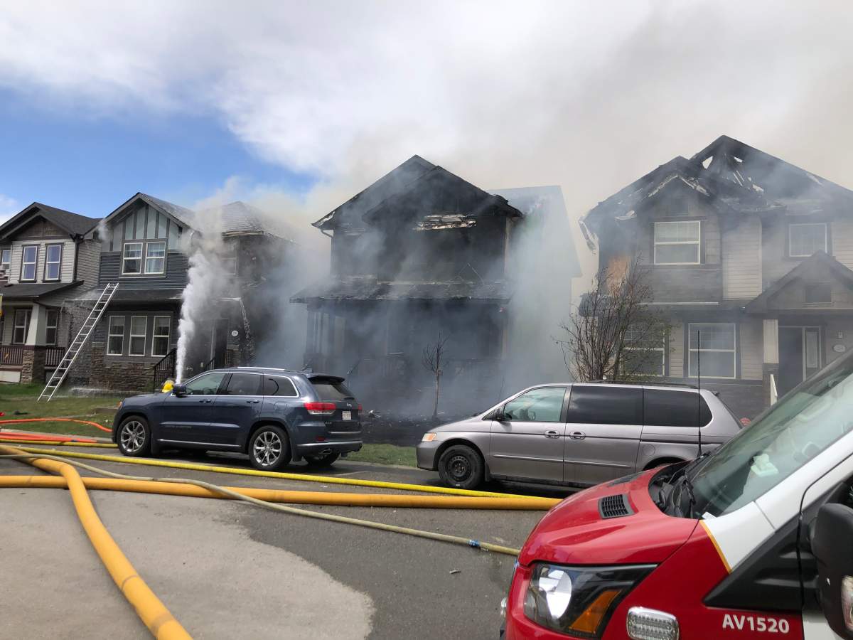Three homes were severely damaged by fire in Calgary’s Skyview Ranch neighbourhood on Tuesday.