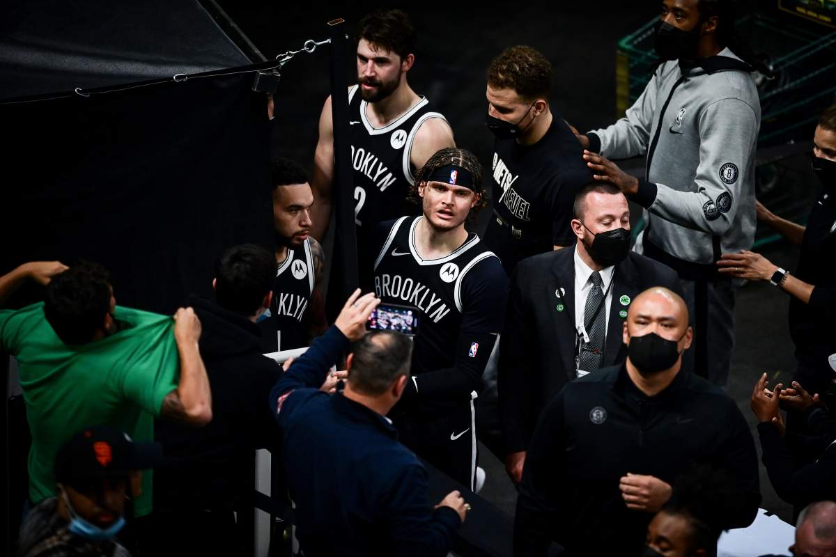 Tyler Johnson of the Brooklyn Nets reacts after a fan threw a water bottle at Kyrie Irving at TD Garden on May 30, 2021 in Boston, Mass.