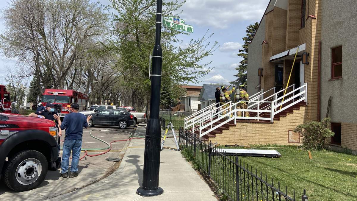 Edmonton fire crews respond to a fire at a north-end church, Saturday, May 15, 2021.
