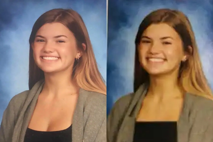 Bartram Trail High School student Riley O'Keefe is shown in her unedited yearbook photo, left, and in the final edited image on the right.