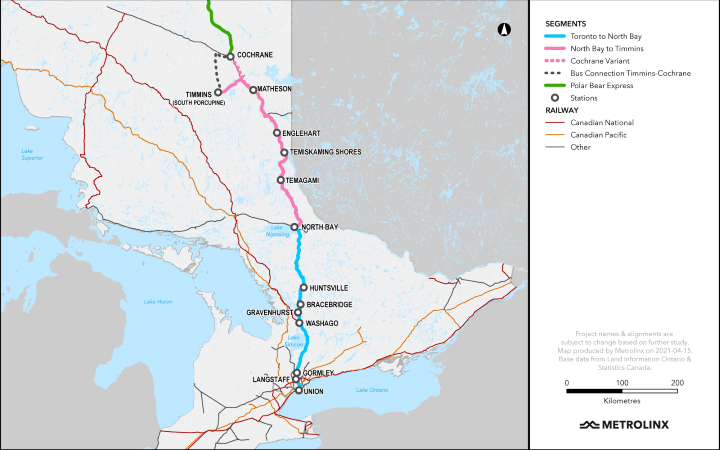 Ontario Northland, the provincial government and Metrolinx are currently planning a 13-stop route that would connect Toronto to Timmins and Cochrane. Supplied/Ontario government