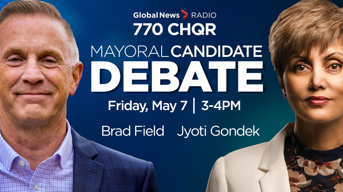 Calgary mayoral candidates Brad Field and Jyoti Gondek (L to R) debated a host of topics on Global News Radio 770 CHQR on May 7, 2021. 