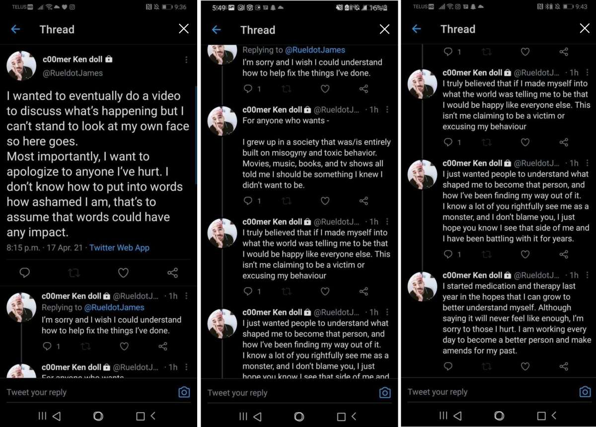 Ruel James posts an apology on Twitter.