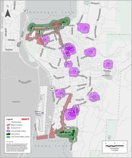 A draft map of the city’s “no-go” zones for provincial shelter and supportive housing projects.