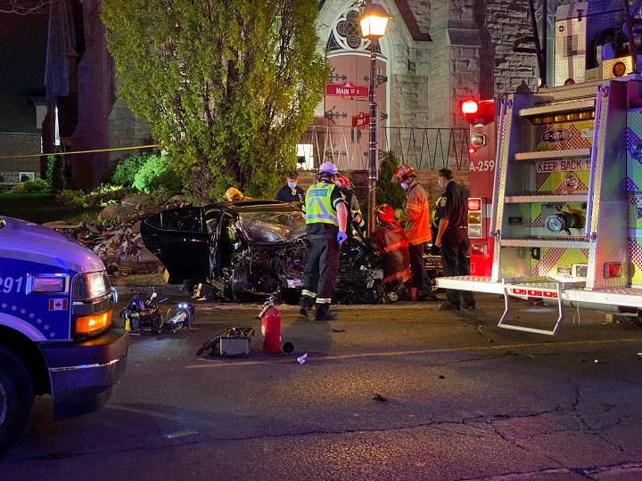 A photo of the crash scene near Main Street and John Street in Brampton.