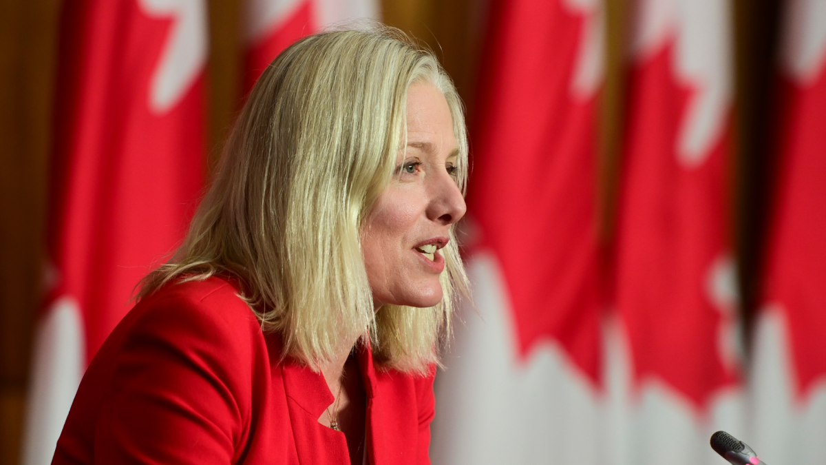 Minister of Infrastructure and Communities Catherine McKenna holds a press conference in Ottawa on Monday, March 29, 2021. 