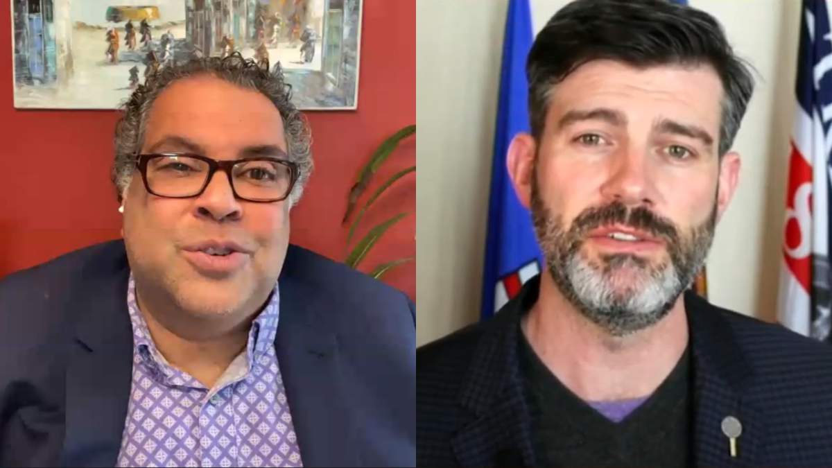 Calgary Mayor Naheed Nenshi and Edmonton Mayor Don Iveson (L to R) address the COVID-19 situations in their cities at separate media availabilities on May 6, 2021.